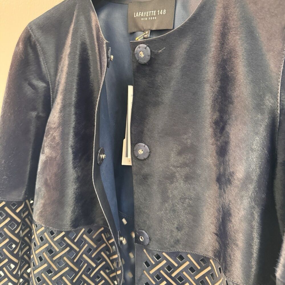 NWT Lafayette 148 New York Jacket $2,998 M Calf Hair Leather Navy Blue Cutout - Picture 7 of 13